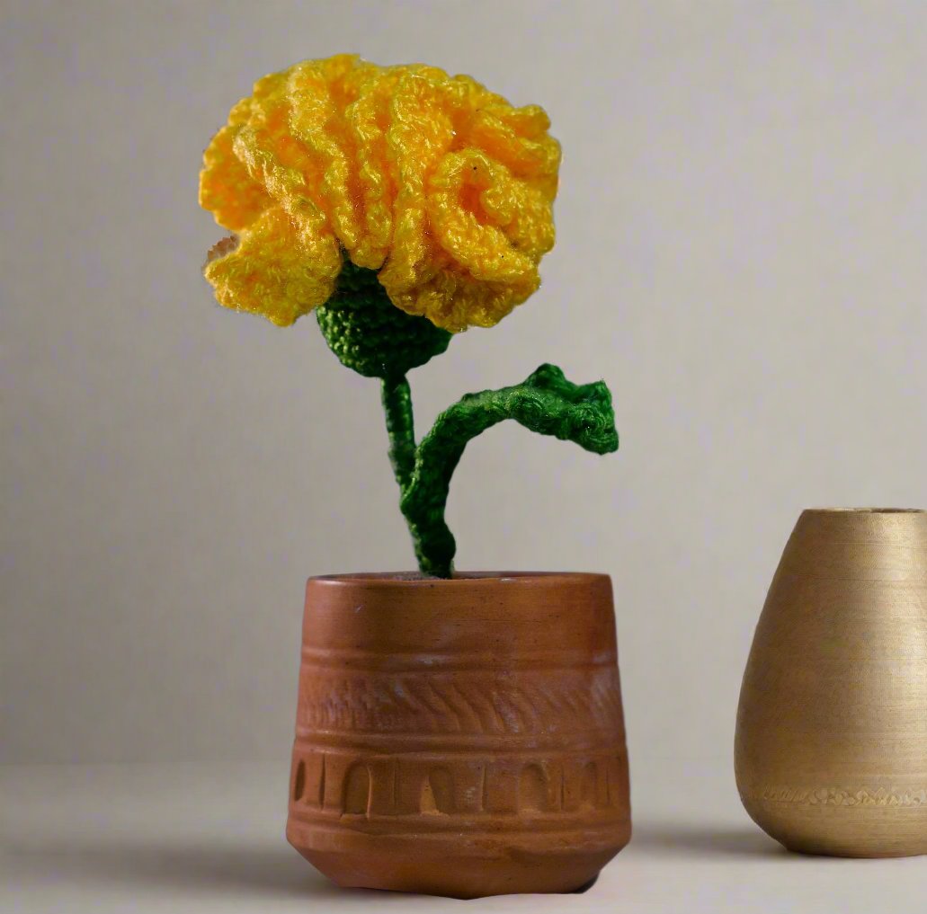 Handmade Crochet Marigold in an Earthen Pot